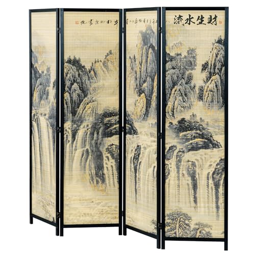 MyGift 4-Panel Folding Bamboo Room Divider Asian-Inspired Cherry Blossom Scene, 6 FT Freestanding Floral Artwork Room Partitioner with Beige Wood Frame