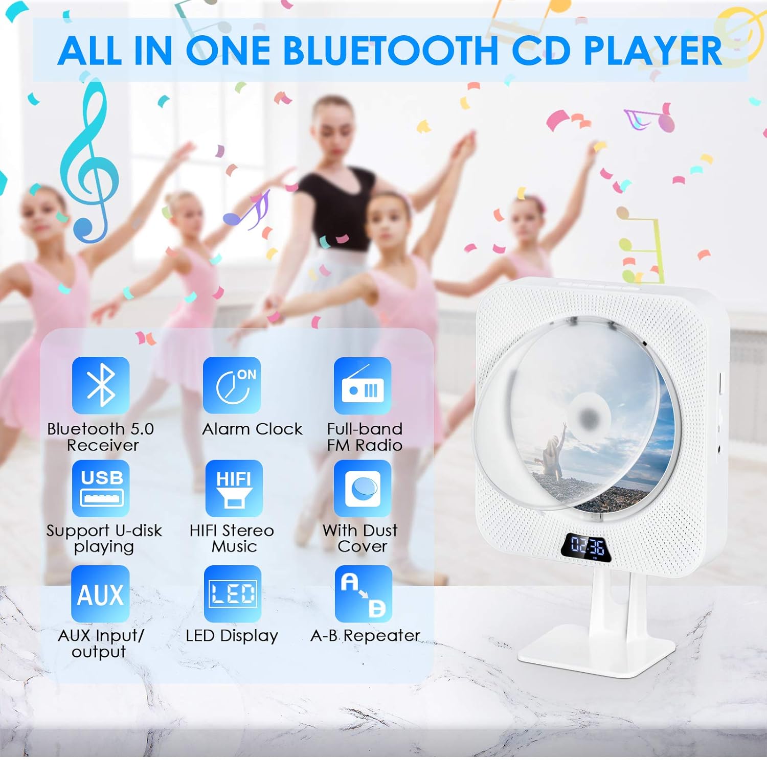 CD Player Portable with Bluetooth Wall Mountable CD Music Player Personal Home Audio Boombox Built-in HiFi Speakers FM Radio with Remote Control 3.5MM Headphone AUX Jack Support CD/USB/TF Card