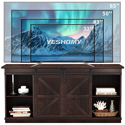 YESHOMY Farmhouse TV Stand for Televisions up to 65 Inches, Sliding Barn Doors and Storage Cabinets, Console Table and Media Furniture for Living Room, 58 Inch, Milk White