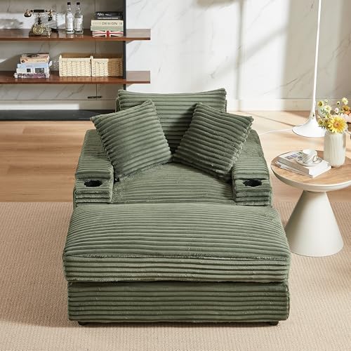 Oversized Chaise Lounge Sofa Chair with Movable Ottoman, 43.3" W Corduroy Upholstered Convertible Sleeper Corner Sofabed with Detachable Seat&Back Cushion for Living Room Office, Grey