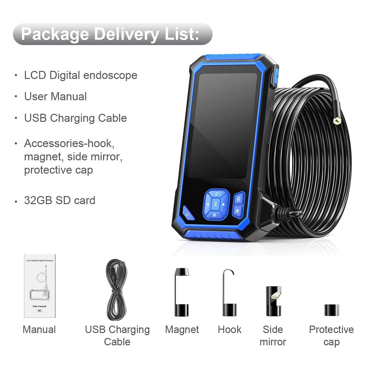 Industrial Endoscope, SKYBASIC Borescope Snake Camera with 32GB Card, IP67 Waterproof Sewer Inspection Camera HD 4.3'' LCD Screen with 6 LED Lights, Semi-Rigid Cable, Four Helpful Tools - 16.5FT