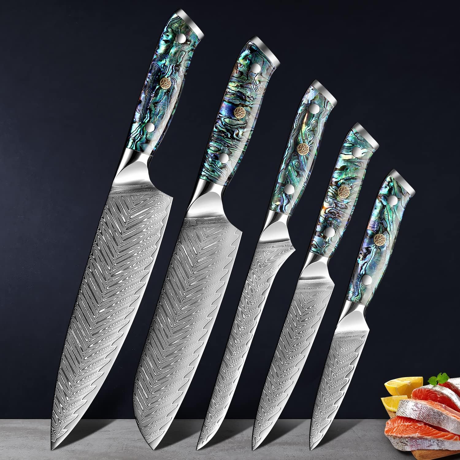 SENKEN 5-Piece Damascus Steel Kitchen Knife Set with Black Walnut Magnetic Knife Block, 67-Layer Japanese VG10 Steel, Real Deep-Sea Abalone Shell Handle, Chef's Knife, Santoku, Paring, Fillet, Utility