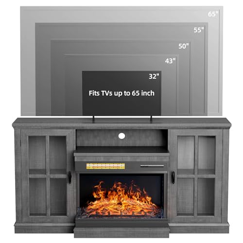 YESHOMY Glass Fireplace TV Stand for Televisions up to 65", Media Entertainment Center Console Table with Doors Closed Storage, Gray