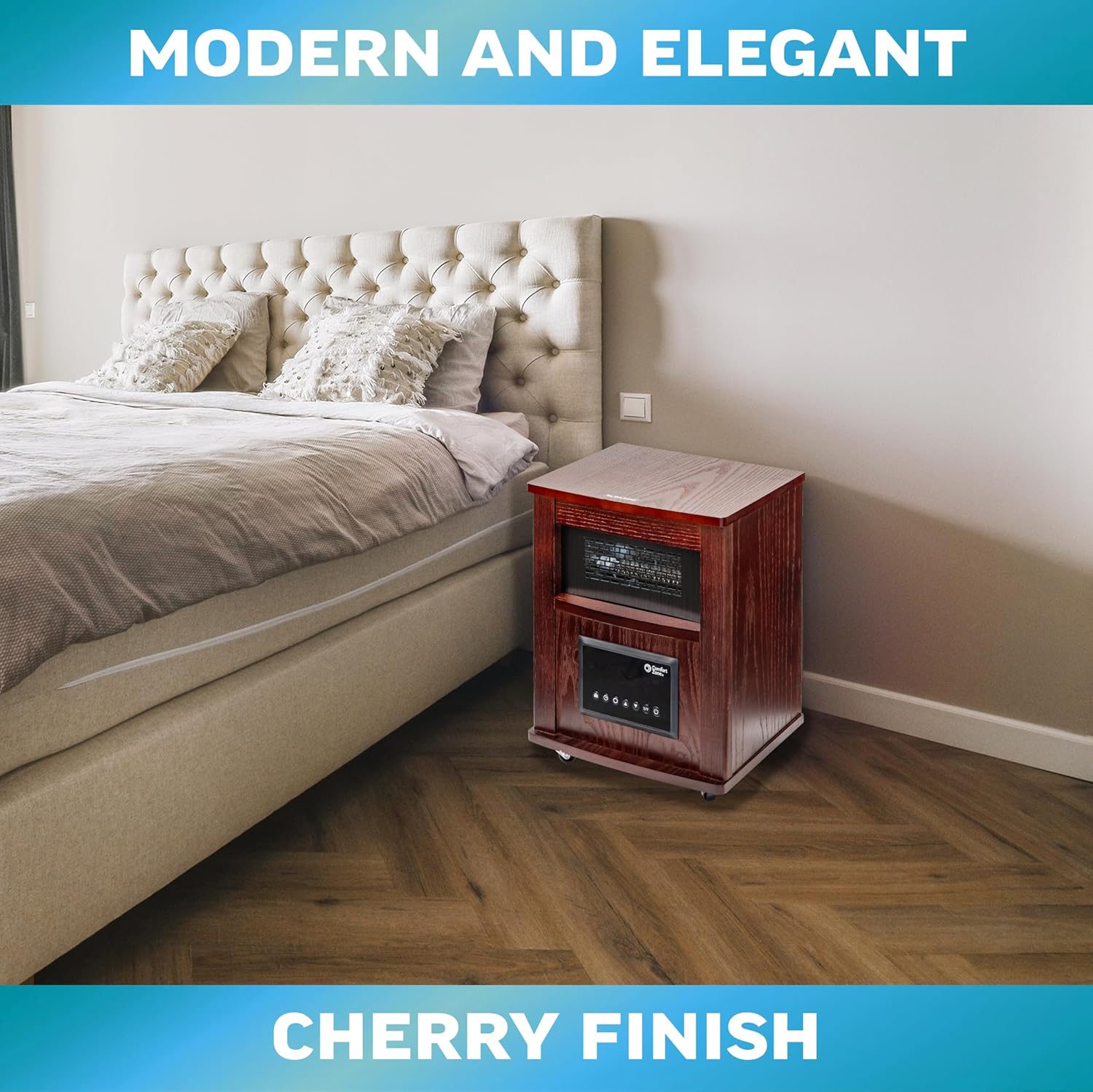 Comfort Zone Wood Cabinet Space Heater with Remote, 16 inch, Adjustable Thermostat, Digital Display, Overheat Protection, Electric, Infrared Quartz, Ideal for Home, Bedroom, & Office, 1,500W, CZ2032C