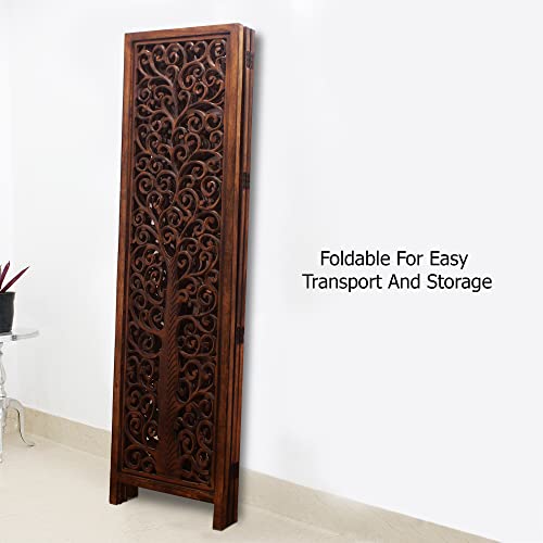 Room Divider Wood Screen - Ghanti Bells Antique Brown - 4 Panel Folding 72 x 80 - Assembled Hand Carved Decorative Functional Versatile Portable Partition Reversible Privacy Boho - COTTON CRAFT