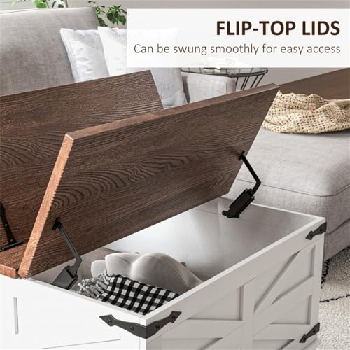 Farmhouse Square Storage Coffee Table with Hinged Lift Top Rustic Wood Center Table with Hidden Storage Compartment & Barn Door Panel Coffee Table for Living Room, Distressed White&Brown