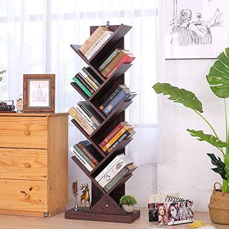 Bathwa Tree Bookshelf, 9-Shelf Tree Bookcase Wood Bookshelves, Floor Standing Tree Bookcase in Living Room Home Office, Tree She
