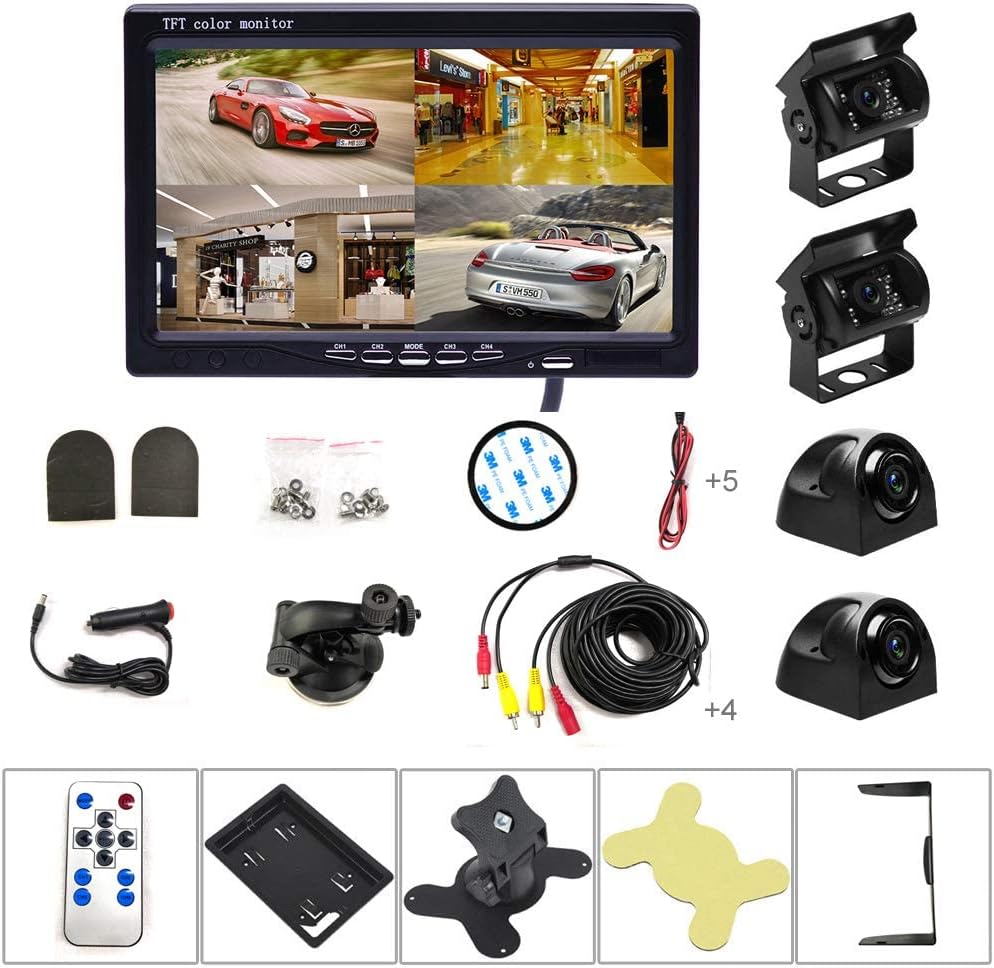 Backup Camera Hard Wired Backup Camera 9'' Quad Split Screen HD Rear Backup Camera Monitor System, Waterproof IR Night Vision Backup Camera for Trucks,Trailer Heavy,Box,RV,Camper Bus Rearview Camera