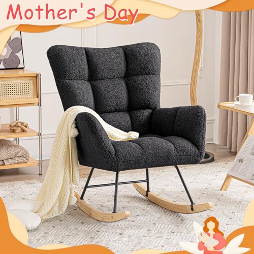 Furniliving Rocking Chair, Faux Fur Upholstered Glider Rocker, Padded Cushioned Seat Rocking Accent Chair with High Backrest, Comfy Reading Chair for Nursery, Living Room, Bedroom(Pink)