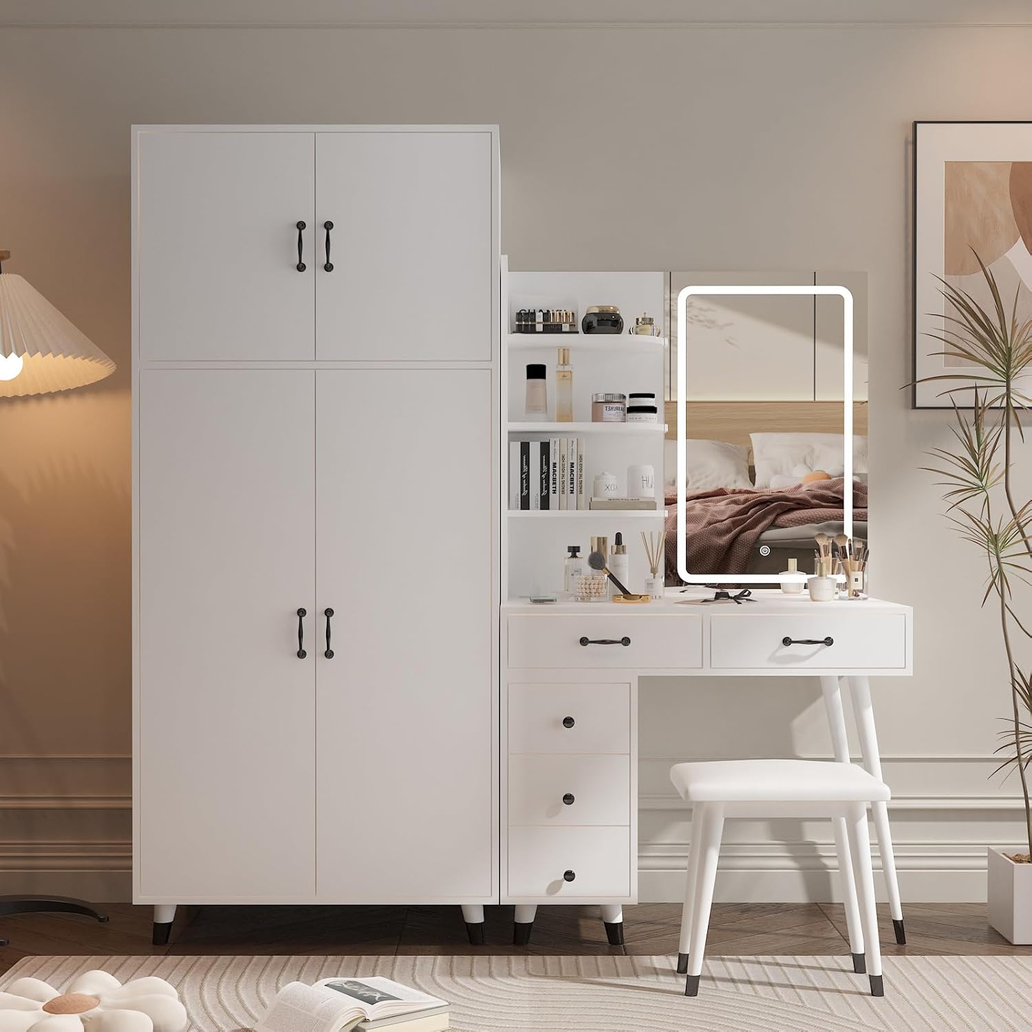 Makeup Vanity Table and Large Armoire Wardrobe Set, Dressing Table with LED Mirror and Power Outlets and 5 Drawers, 4 Door Bedroom Closet, White