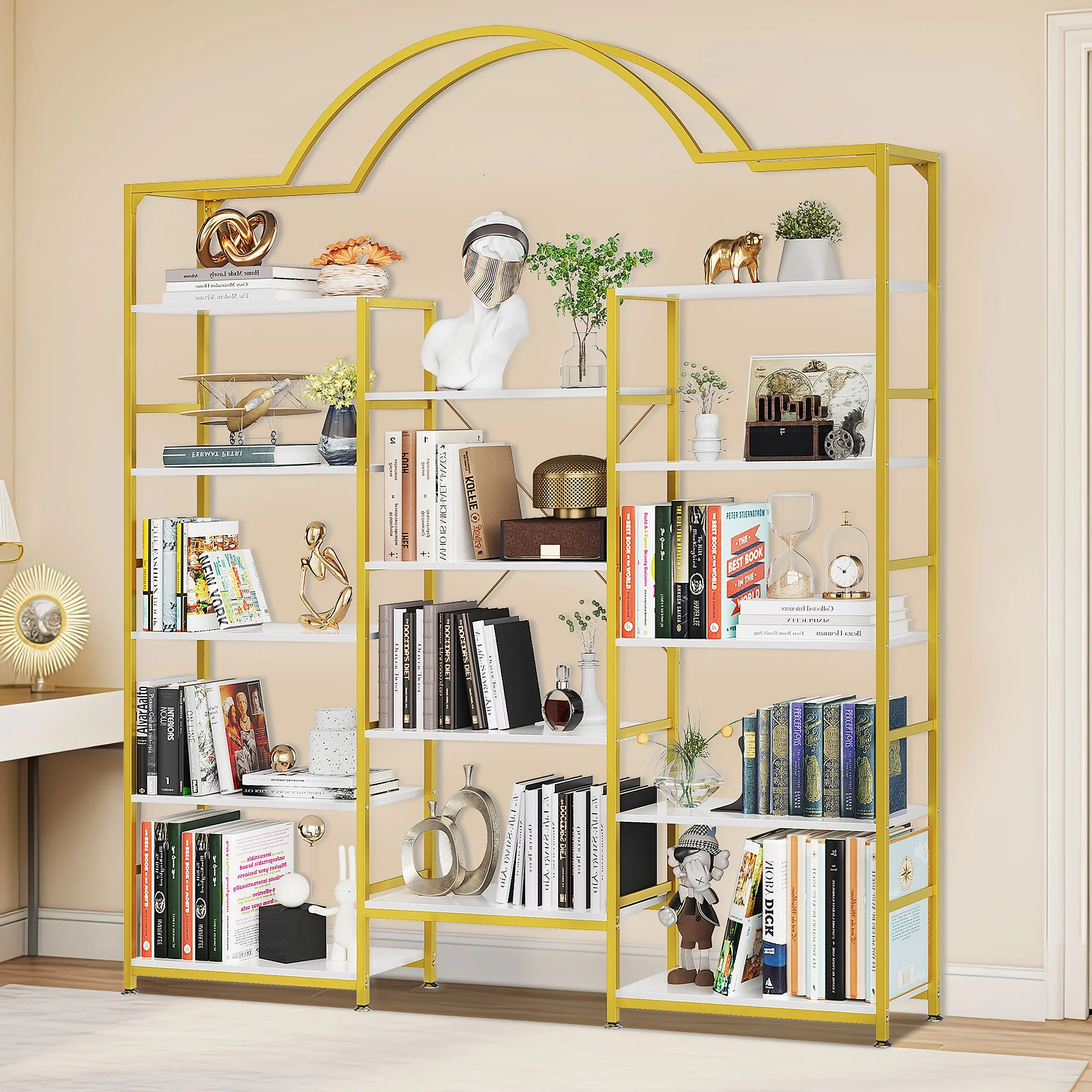 Dextrus 5-Tier Gold and White Bookshelf, Triple Wide Arched Open Display Shelf, Large Storage Bookcase, Tall Display Shelf with Metal Frame, White Gold