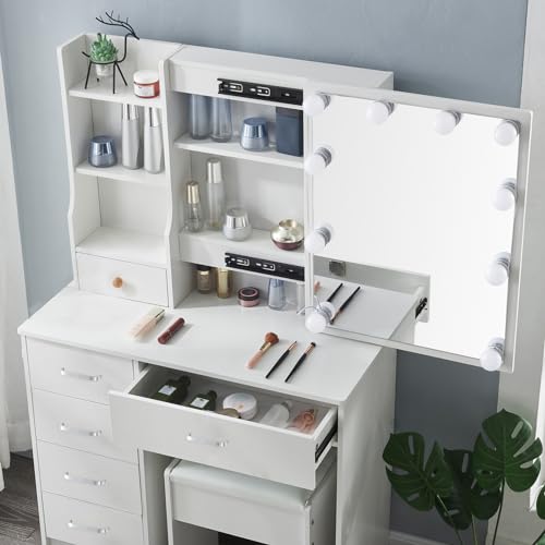 Makeup Vanity Desk with Lighted Mirror & 3 Lighting Modes Adjustable Brightness, Vanity Table with 6 Drawers and Storage Shelves, Vanity Set with Upholstered Stool