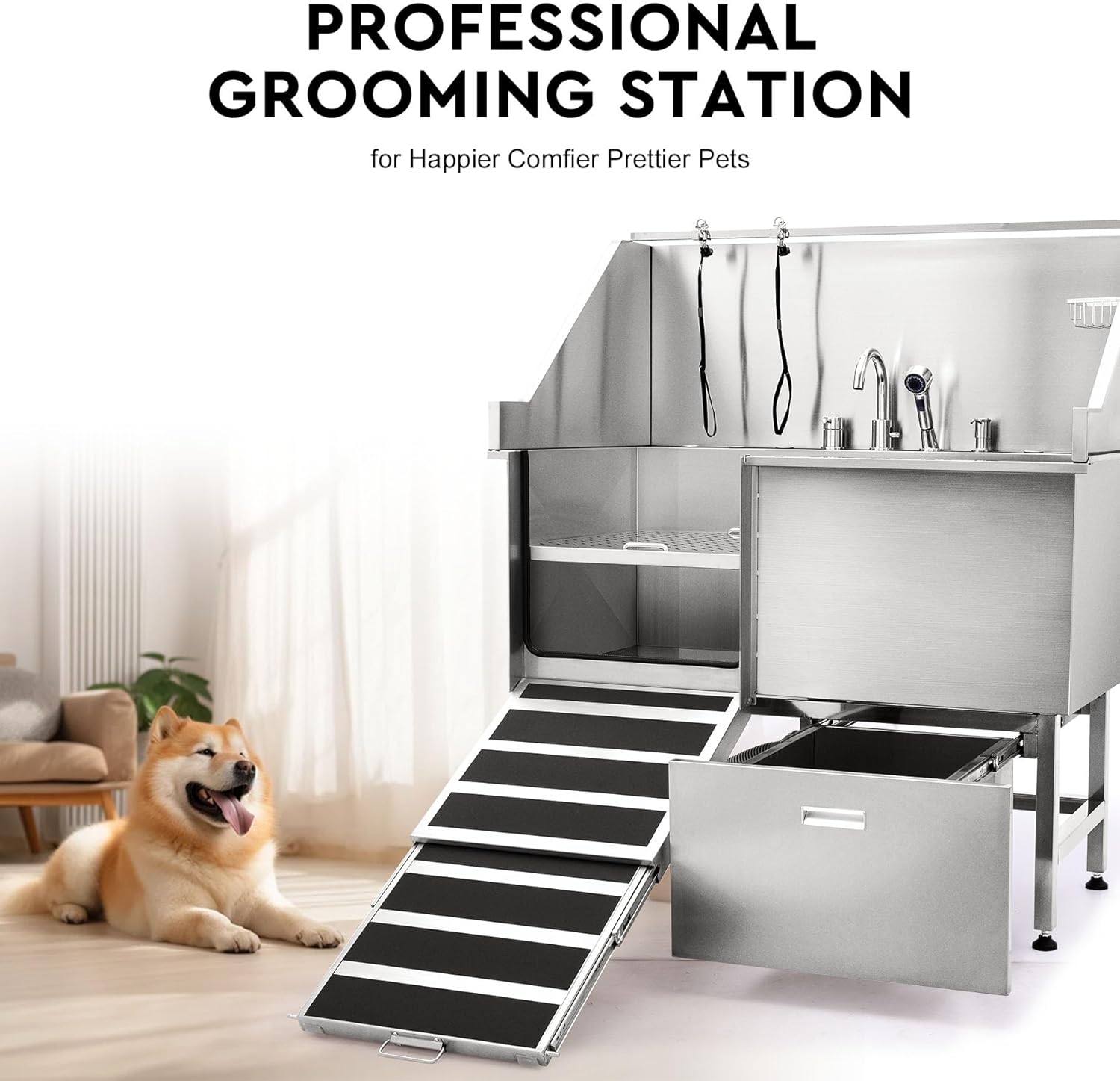 CO-Z Professional Dog Bathing Station, 50 in. Dog Grooming Tub with Nonskid Retractable Ramp for Large Dogs, Stainless Steel Dog Washing Station with Swivel Faucet Pull Out Showerhead Storage Drawer