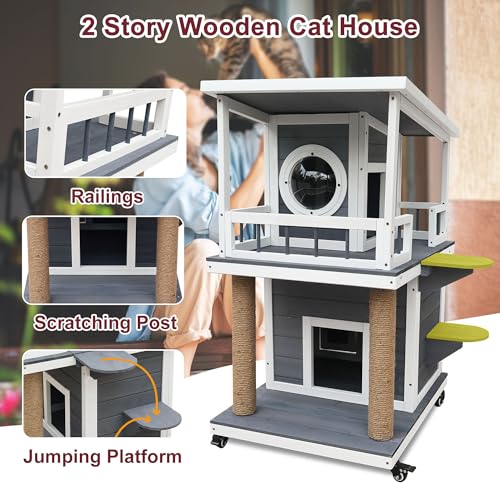 Rockever Outdoor Cat House, Large Outdoor Houses for Feral Cats Wooden Outside Cat Shelter Weatherproof with Escape Door