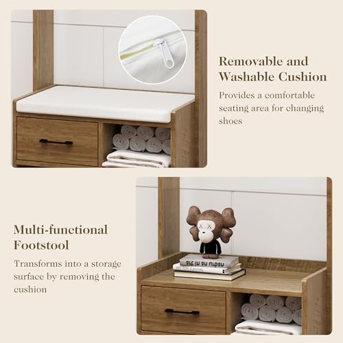 Hall Tree with Bench, Entryway Bench with Coat Rack, Shoe Storage, Soft Cushion, Wood Entryway Furniture, White