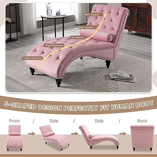 Chaise Lounge Chair Indoor, Modern Button Tufted Velvet Upholstered Leisure Accent Chair with Solid Wood Legs & Lumbar Pillow, Recliner Sofa Single Sleeper Sofa for Living Room, Bedroom, Pink