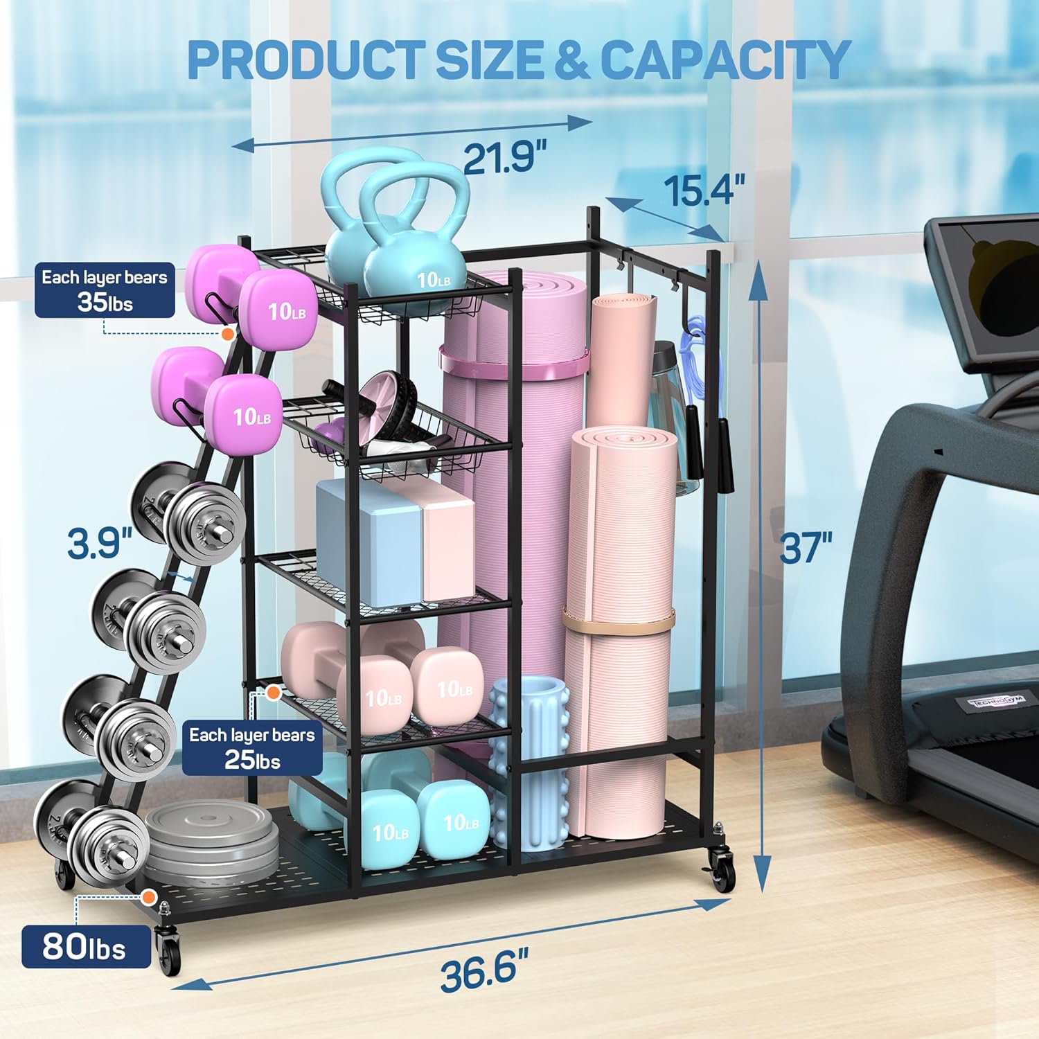PLKOW Weight Rack for Dumbbells, Home Gym Storage for Dumbbells Yoga Mat Kettlebells and Gym Equipment, Golf Bag Stand and Dumbbell Rack for Garage Home Gym