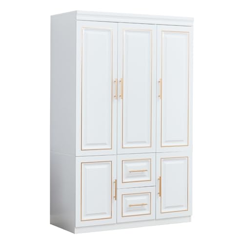 Closet with Doors Armoire Wardrobe Closets Wood Cabinet White Storage Closet Cabinet for Bedroom Armoires Clothes Wood Closet with Hanging Rod (20.51" D x 63" W x 74.02" H, Golden Handle)