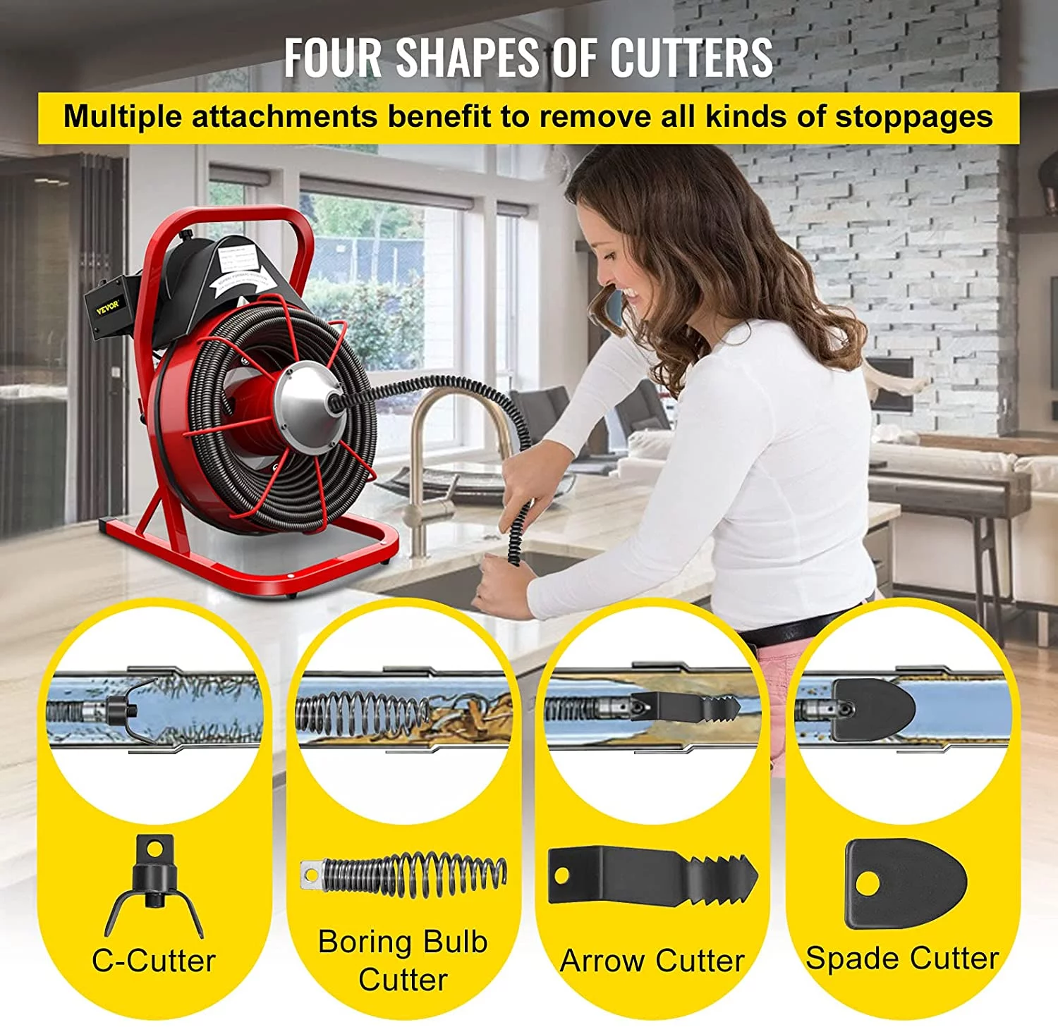 VEVOR Drain Cleaner Machine 75ft x 1/2 in, Drain Cleaning Machines 370W Drain Auger for 1" to 4" Pipes Electric Drain Snake Drill
