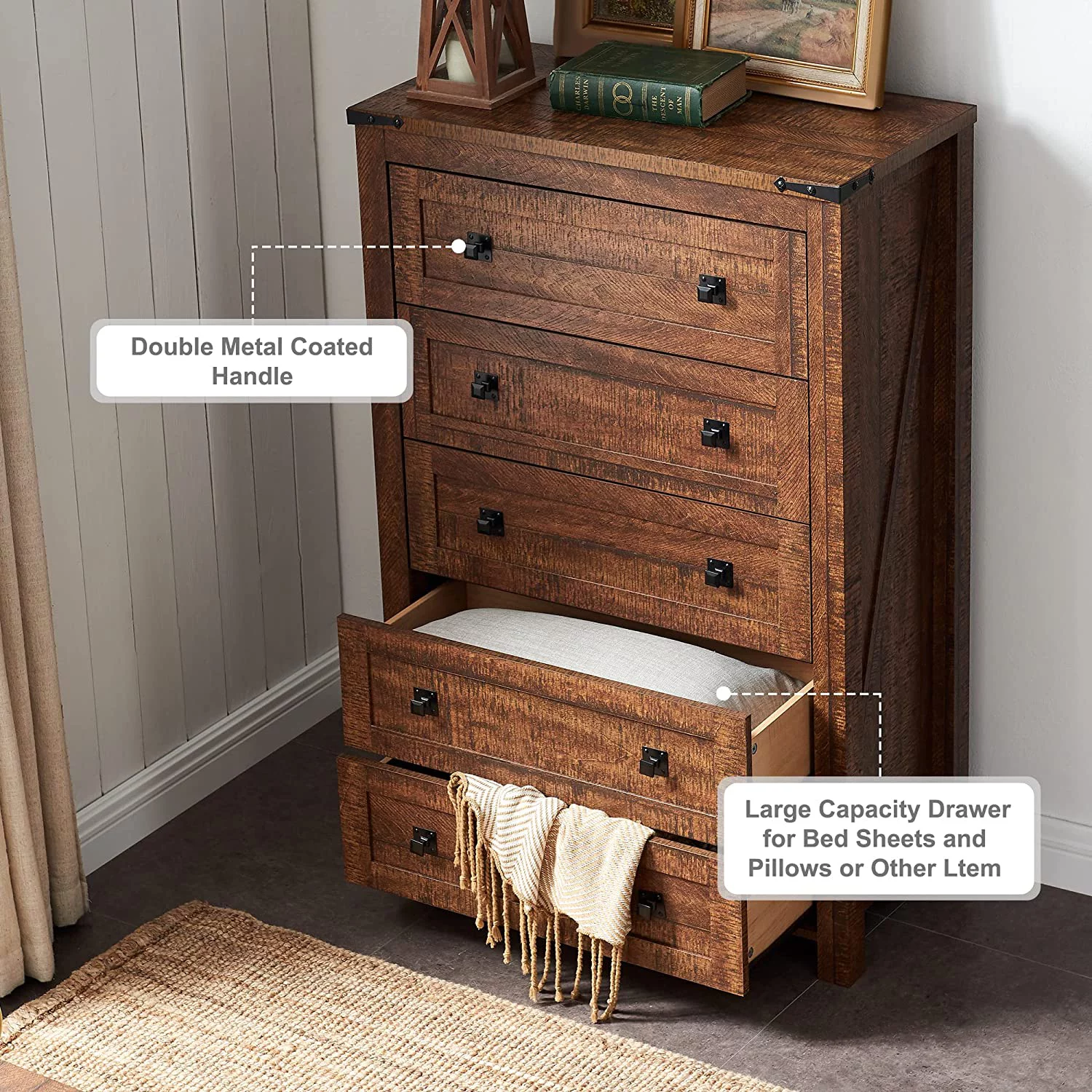 Farmhouse 5 Drawers Dresser Chests for Bedroom  Wood Rustic Tall Chset of Drawers Dressers Organizer for Bedroom  Living Room Hallway  Reclaimed Barnwood