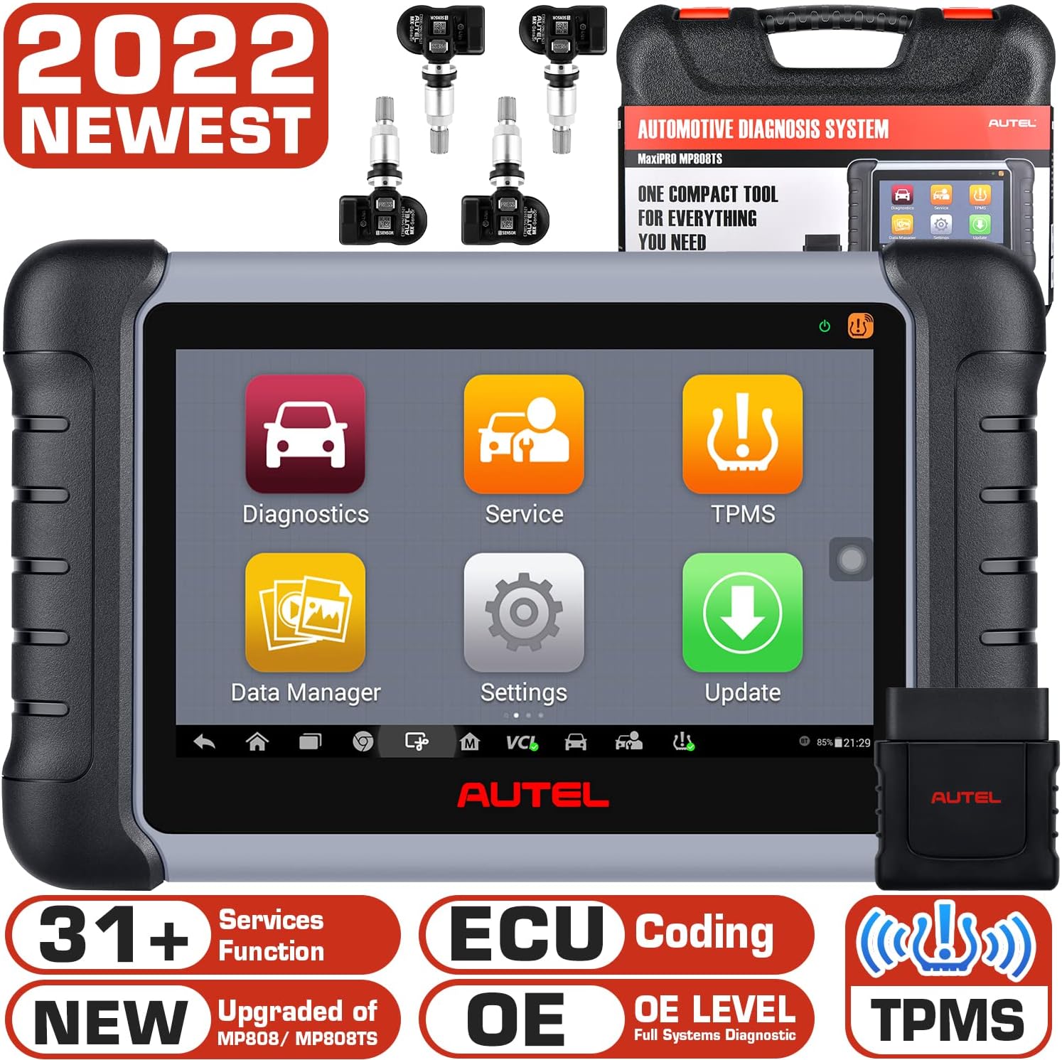 Autel Scanner MaxiPRO MP808TS Pro, [Valued $128] 4PCS 2in1 315/ 433Mhz Sensors, 2022 Newer Model of MP808TS/ MP808, Bi-Directional Diagnostic Scan Tool, TPMS Program/ Relearn/ Retrofit, 30+ Services