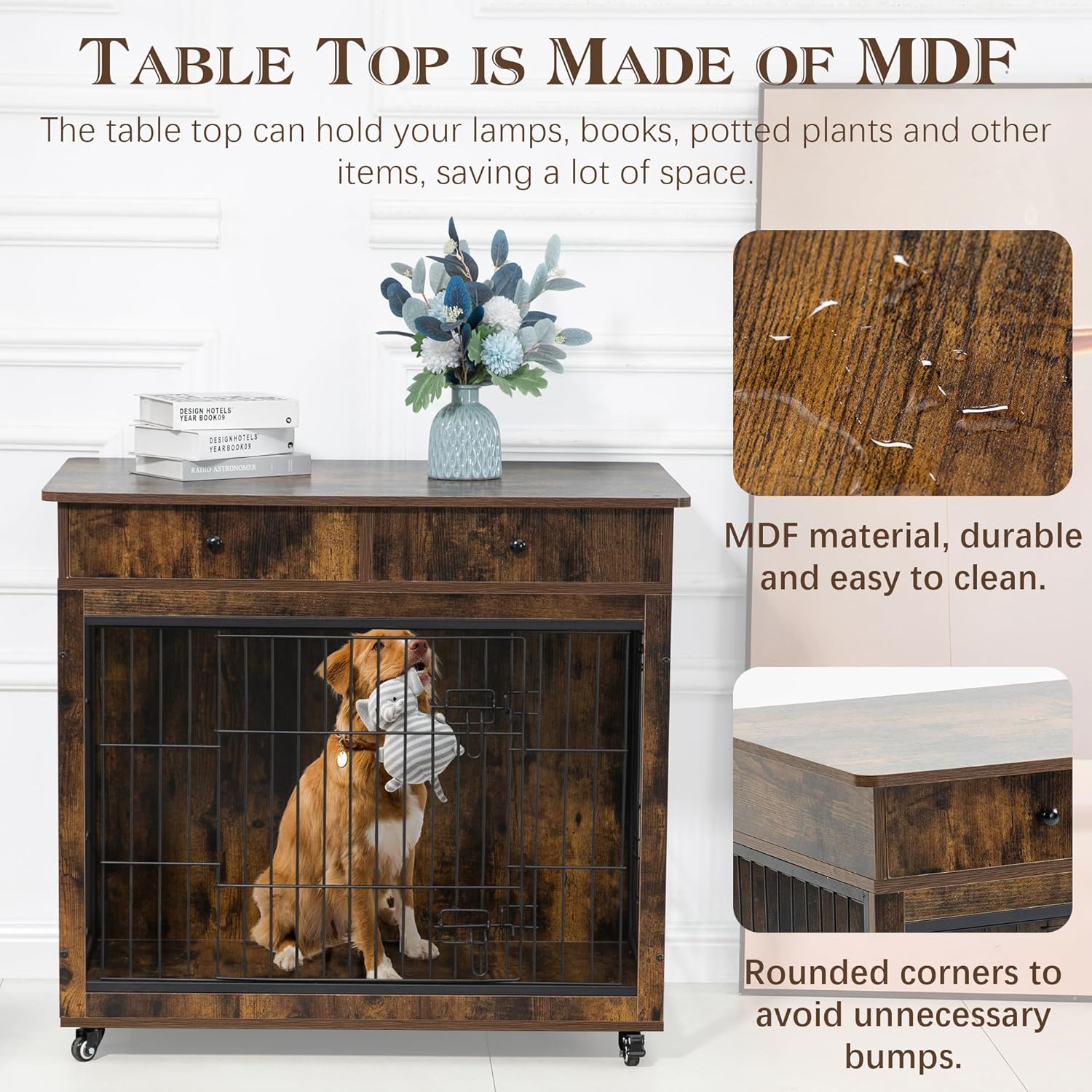 Yehha Cabinet Crate Furniture with Storage Drawer-Wheels, Wooden Kennel with 2 Doors, Steel-Tube Frame & Waterproof Table Top, Ider for Medium Small Large Dog, Brown, Full
