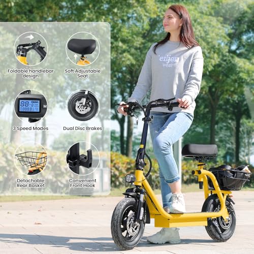Caroma Peak 800W/1200W Electric Scooter Adults, 30 Miles Max Range, Foldable Electric Scooter with Seat, Front Suspension, Detachable Large Basket,Commuter E-Scooter for Adult and Teens