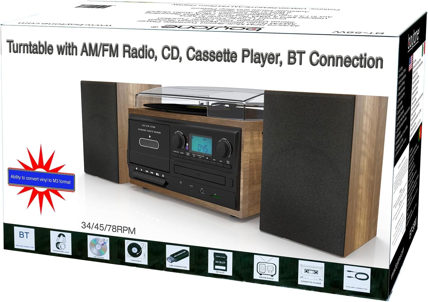 Boytone BT-58W Bluetooth Record Player Turntable with CD Player, Convert LP Vinyl, CD to MP3 Player, Cassette, AM/FM Radio, Aux, USB/SD Encoding, Remote Control, Audio Music Player Built in Amplifier