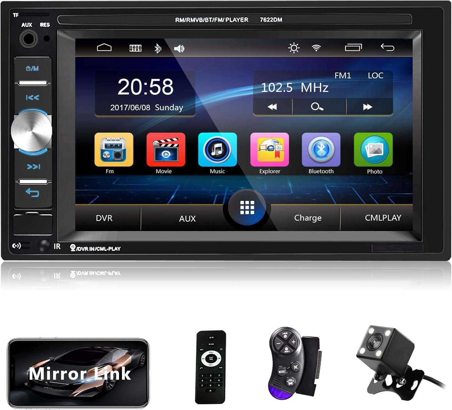 Double Din Touch Screen Car Stereo with Bluetooth and Backup Camera, Rimoody 7 inch Car Radio with FM Radio Mirror Link AUX USB SD Port Car Audio Receiver Steering Wheel Control