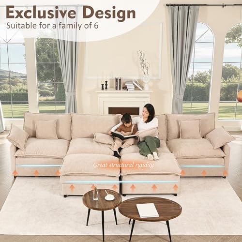 108" U Shaped Couch, Modular Sectional Sofa, 3-Seater Comfy Cloud Couch with Movable Ottoman, Deep Seat Couches for Living Room, Chenille, Black