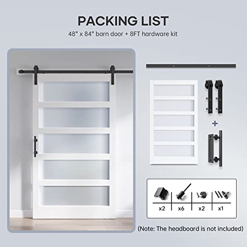 36x84 Inch Glass Sliding Barn Door Slab and 6.6ft Hardware Kit Included, 5 Frosted Glass, LVL Wood Panel Covered with White Water-Proof Scratch-Proof PVC Surface, Simple DIY Assembly