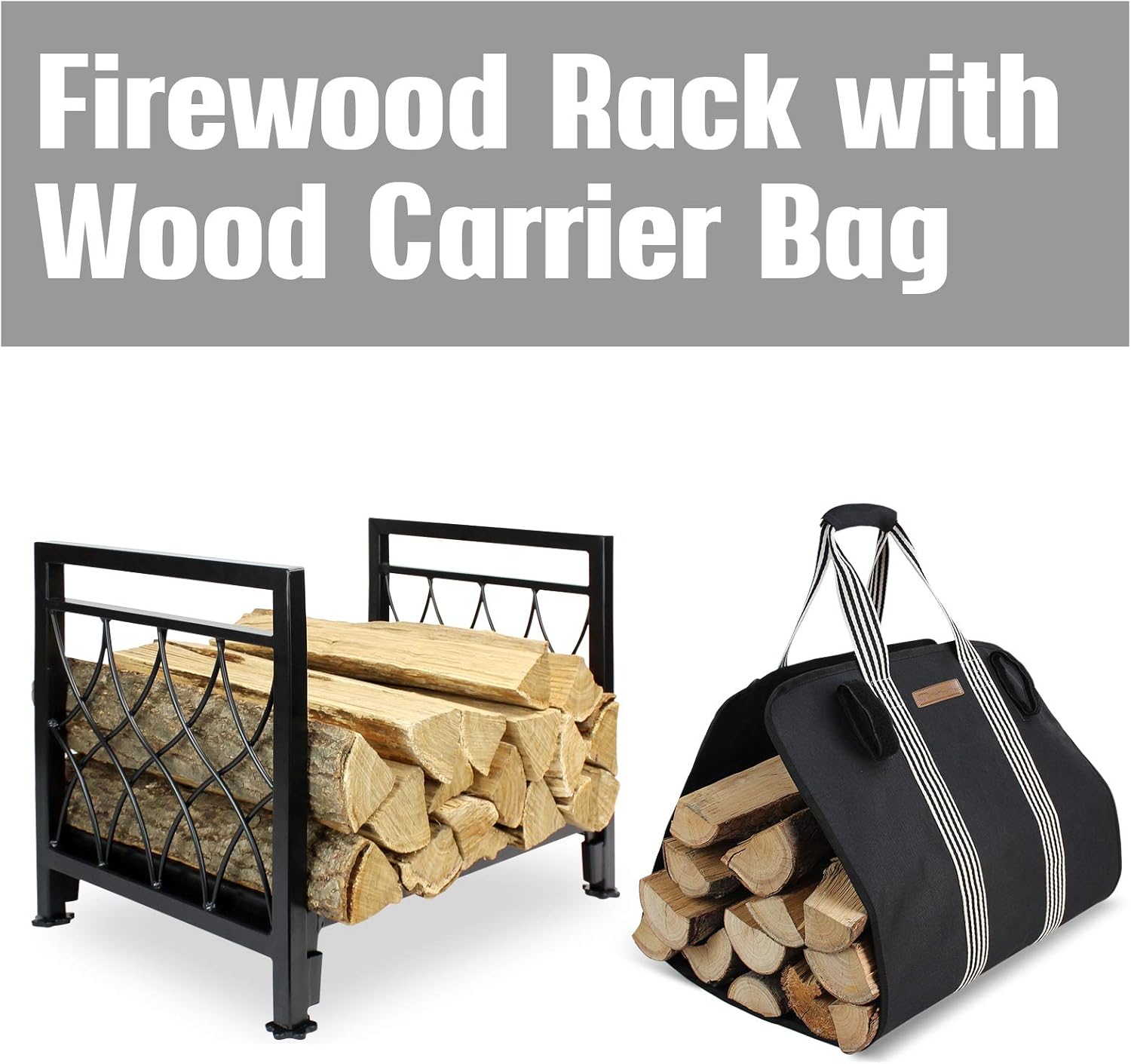 MYFIREPLACEDIRECT Firewood Rack with Log Bag 19 Inch Fireplace Log Holder Indoor Indoor/Outdoor Wood Storage Log Rack Decorative Heavy Duty Steel Firewood Carrier Stove Stacking Rack…