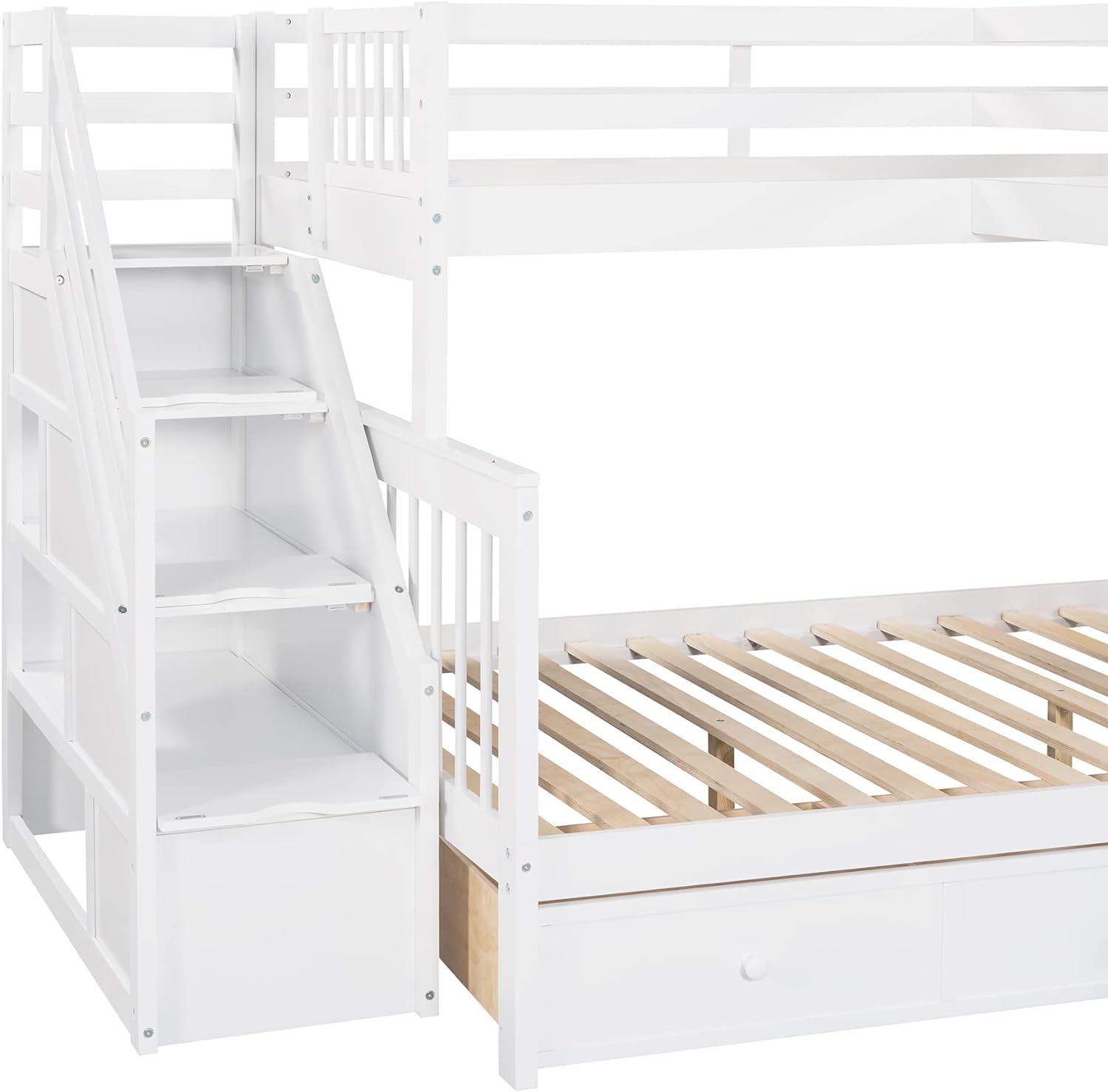 L Shaped Bunk Beds For 3, Triple Bunk Bed With Stairs And 3 Storage Drawers, Over Full Bunk Bed With Size Loft Bed Attached, Wooden Bunk Bed Frame For Kids Teens Adults (White)