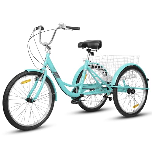 7 Speed Tricycle Single 3 Wheel Bike 24 Inch Trike with Bell Brake System and Basket Carbon Steel Cruiser Bicycles Large Size for Shopping Recreation Seniors Women Men