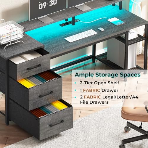 SEDETA 59" Office Desk with Drawers, Reversible Computer Desk with File Drawers & Storage, Gaming Desk with LED Lights & Power Outlet, Home Office Desks for Printer, Black