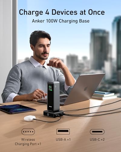 Anker Prime 27,650mAh Power Bank (250W) with 100W Charging Base, 3-Port Portable Charger, Smart App, Compatible with iPhone 15/15 Plus/15 Pro/15 Pro Max/14 Series, MacBook, Samsung, Dell, AirPods