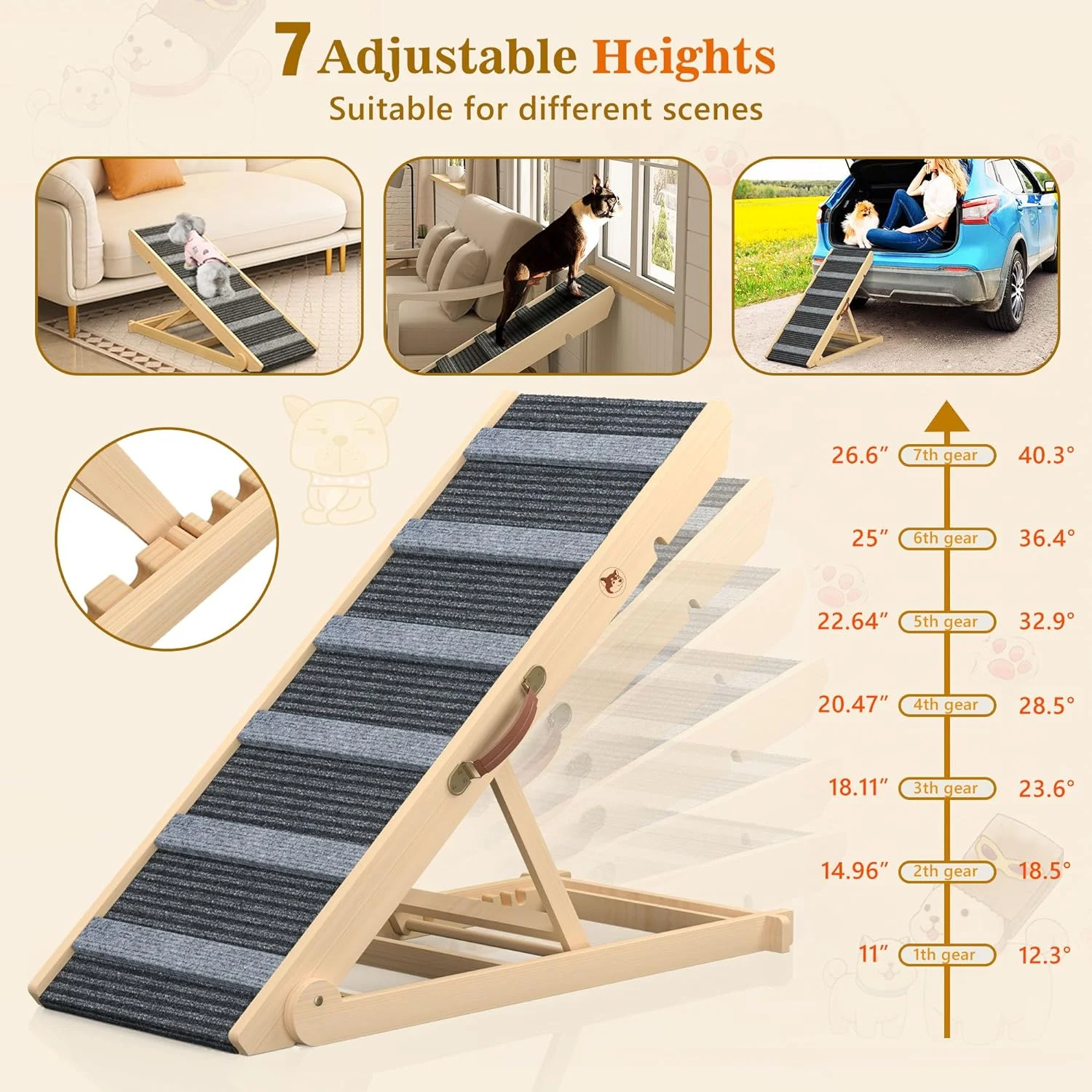 Dog Ramp, Portable Pet Ramp for Large Small Old Dogs Cats with 7 Adjustable Heights 11" to 26.6", Non-Slip High Traction Ramp for High Bed, Car and Couch, Hold up to 200 LBS