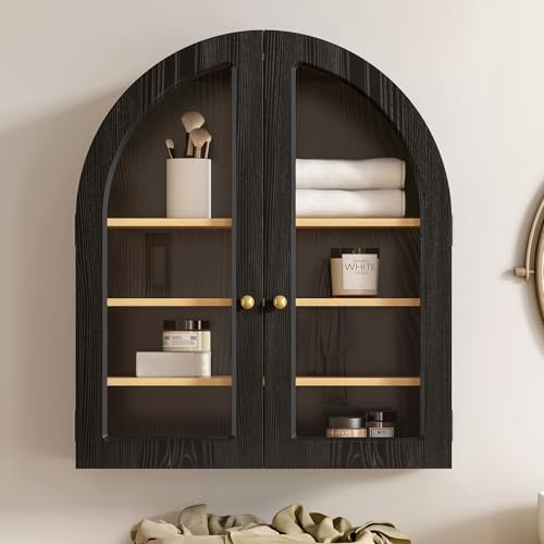 Large Arched Wall Cabinet, Bathroom Medicine Wall Mounted Cupboard, Modern Floating Storage Cabinet with Acrylic Door Adjustable Shelf, Wood Organizer (Natural Oak)