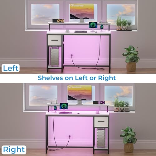 GreenForest Computer Desk with Drawers 47 inch,Gaming Desk with LED Lights & Power Outlets Small Desk with Monitor Stand and Reversible Shelf,Walnut