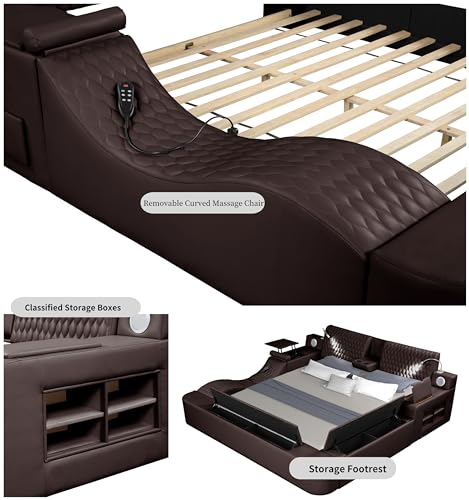Queen Size Smart Bed, Multifunctional Leather Bed Frame with Massage Recliner/Upholstered Headboard/Music Speaker/USB Port/Storage Space, Modern Luxury Bed Frame(Gray)