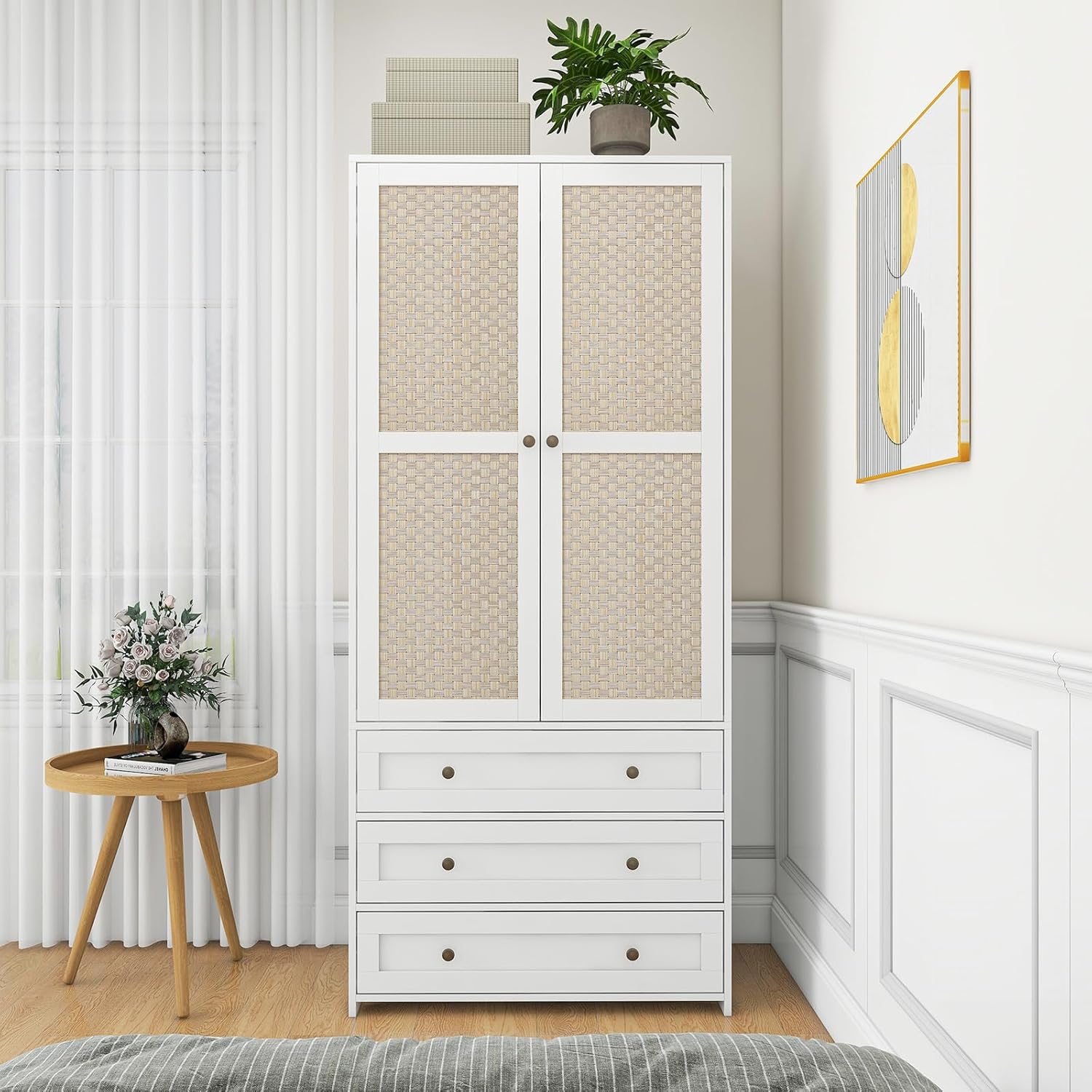 Bedroom Armoire Wardrobe Closet with Rattan Door, Bedroom Armoire Cabinet with Hanging Rod and 3 Drawer,Wooden Tall Wardrobe Cabinet Closet for Bedroom