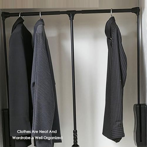Pull Down Closet Rod,Organizer Storage Rack Lift Buffer,Extendable Adjustable Width Space Saving Wardrobe Hanger,for Wardrobe Closet Cloakroom Cupboard(Silver)