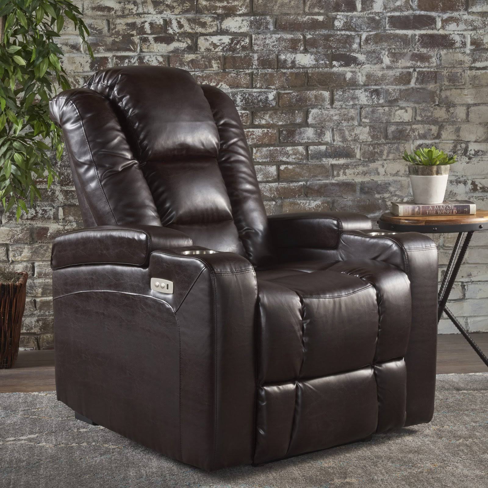 Everette Tufted Brown Leather Power Recliner with Arm Storage and USB