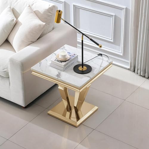 4 Piece Living Room Table Set, Faux Marble Coffee Table, Gold Console Table and 2 Gold End Tables, Rectangular Luxury Gold Coffee Table Set of 4 with Stainless Steel Diamond-Shaped Base