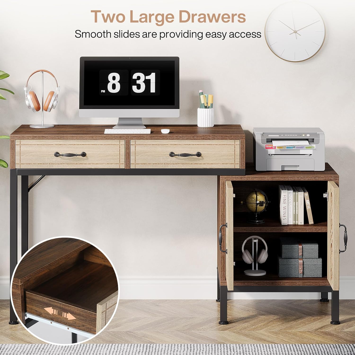 Tribesigns 55-Inch Computer Desk with Drawers, Home Office Desk with Storage Cabinet and Printer Space, Reversible Computer Desk Workstation for Home Office, Bedroom, Brown