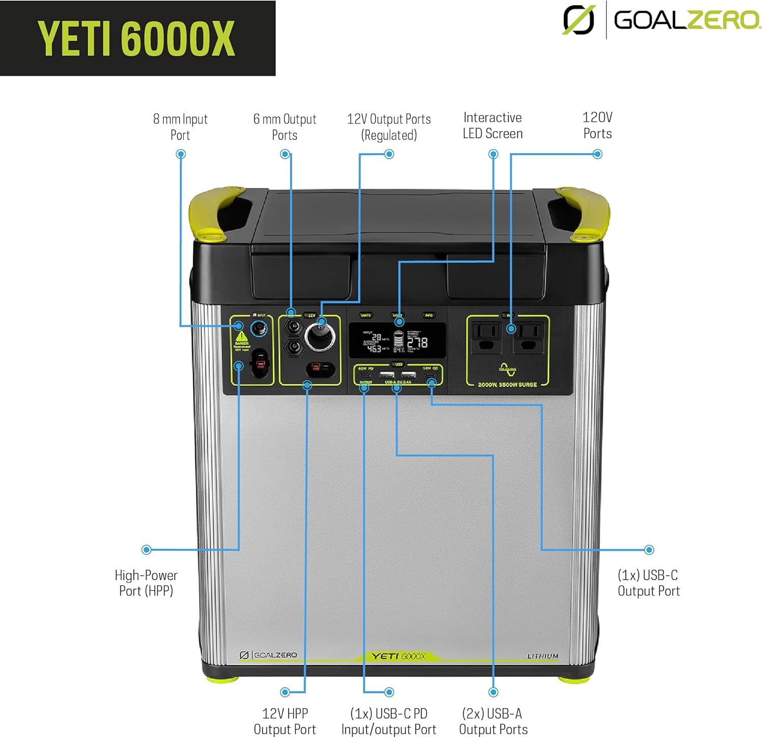 Goal Zero Yeti 6000X Portable Power Station, 6,071-Watt-Hours Portable Lithium-Battery Generator with 2,000-Watt AC Inverter, Solar Generator for Indoor and Outdoor Use