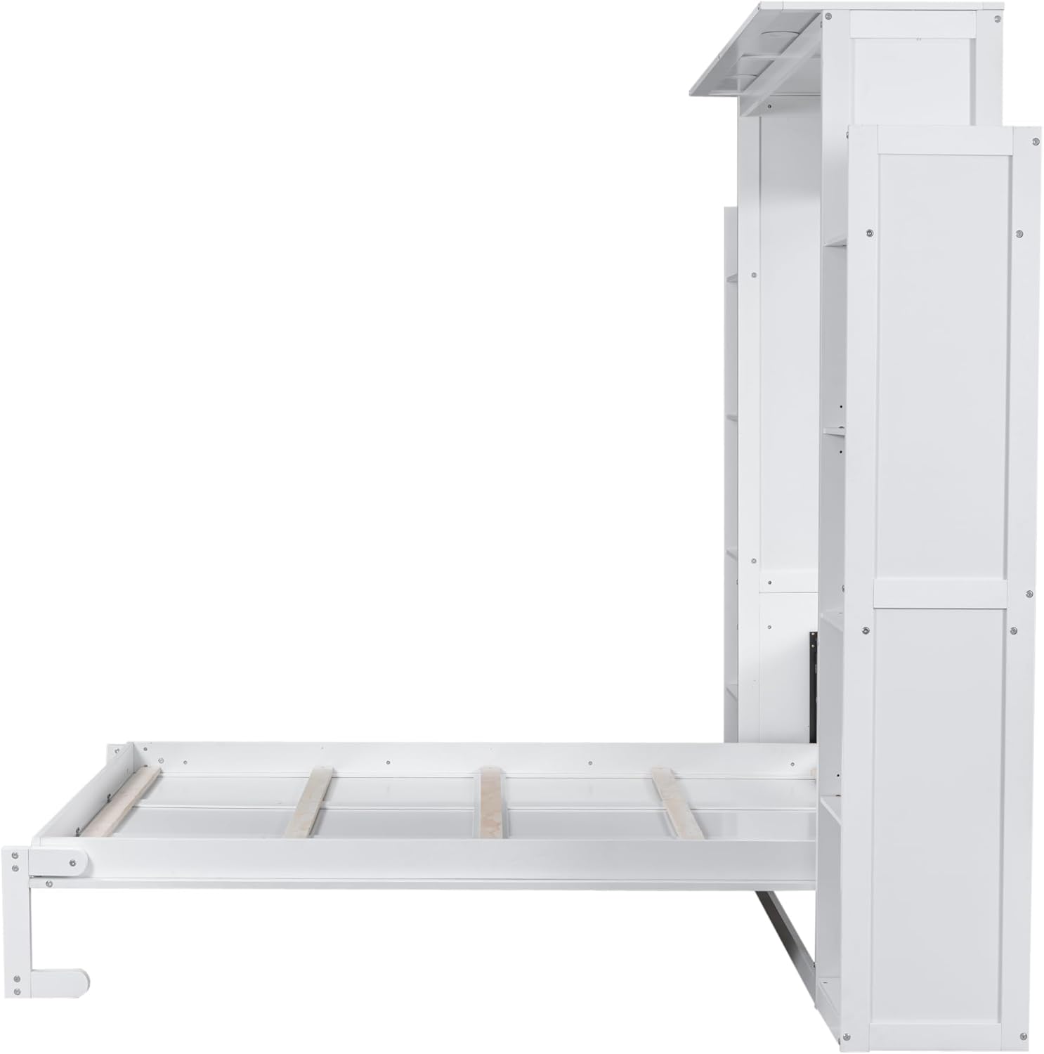 Merax Murphy Bed, Queen Size Wooden Wall Bed Shelves and LED Lights for Bedroom, Wood Slat Support, No Box Spring Needed, Easy Assembly, White