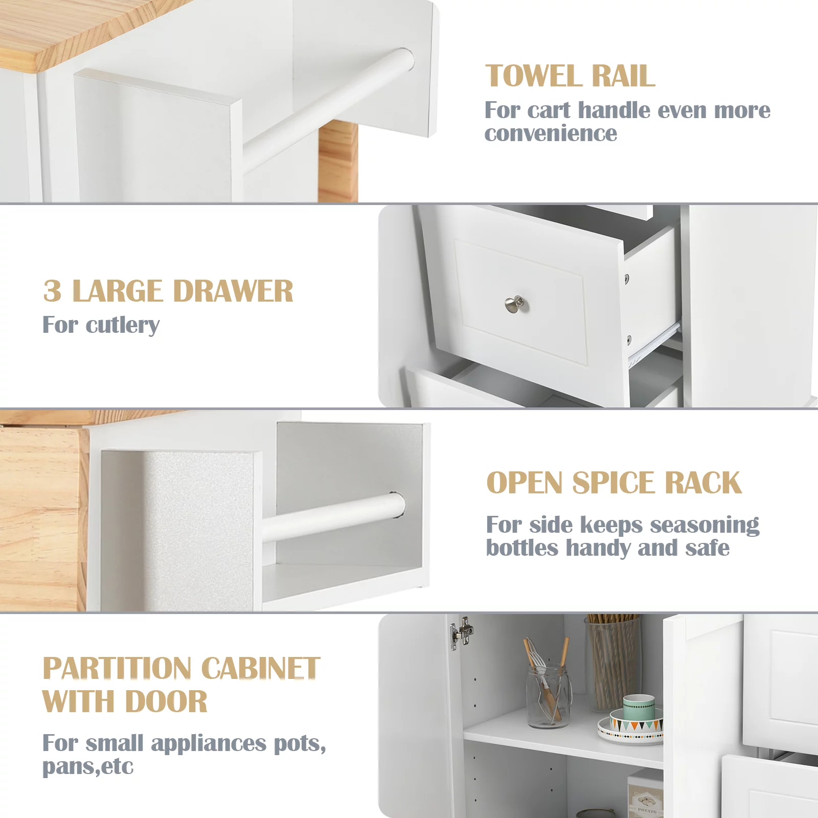 53 inch Portable Kitchen Island with Drop Leaf, Rolling Kitchen Island with Storage,White