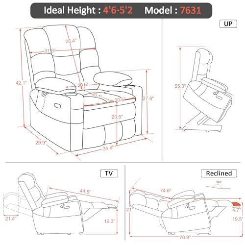 MCombo Large Triple Motor Power Lift Recliner Chair with Massage and Dual Heating, Adjustable Headrest for Tall Elderly People, Fabric 7634 (Grey, Large)