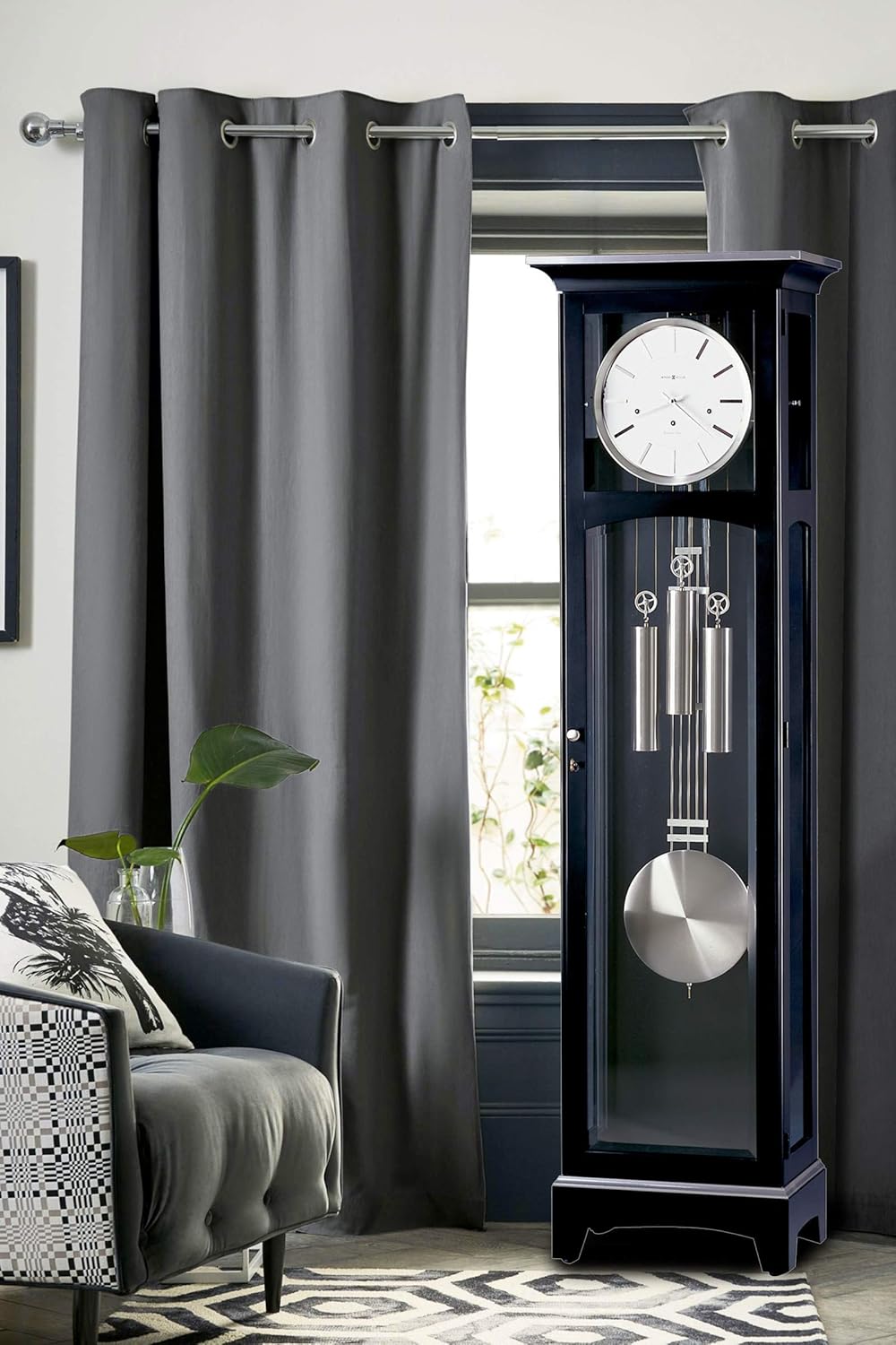 Howard Miller Urban III Floor Clock 660-125 – Black Satin Finish, Vertical Grandfather Home Decor, Cable-Driven Single-Chime Movement, Chime Silence Option